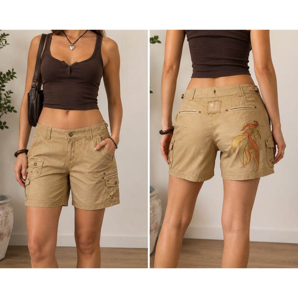 Vintage Y2K Da-Nang Embroidered Koi Fish Cargo Shorts Silk Blend